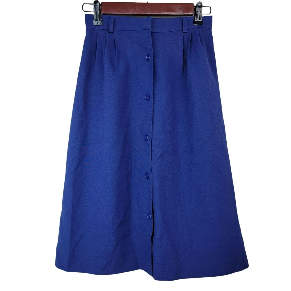 VTG 70s Bobbie Brooks Skirt Womens Sz XS 0 Blue A‎ Line Button Front Knee Union
